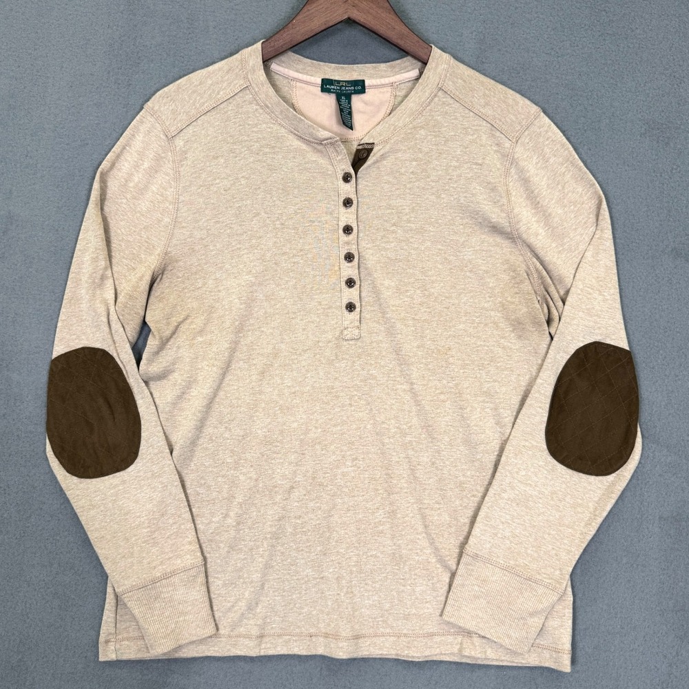 Lauren Ralph Lauren Henley Women XL Tan Elbow Patch Long Sleeve Equestrian Top